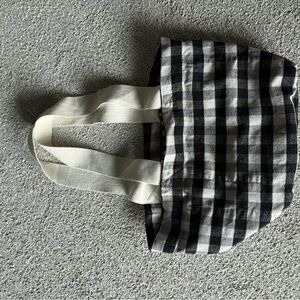 Black and White Checkered Tote Bag with Cream Handles